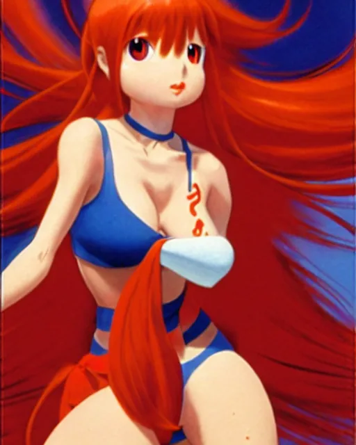 Image similar to pixar movie still photo of asuka langley soryu pleasuring herself, asuka from evangelion, by greg rutkowski, gil elvgren, enoch bolles, glossy skin, pearlescent, anime, maxim magazine, very coherent