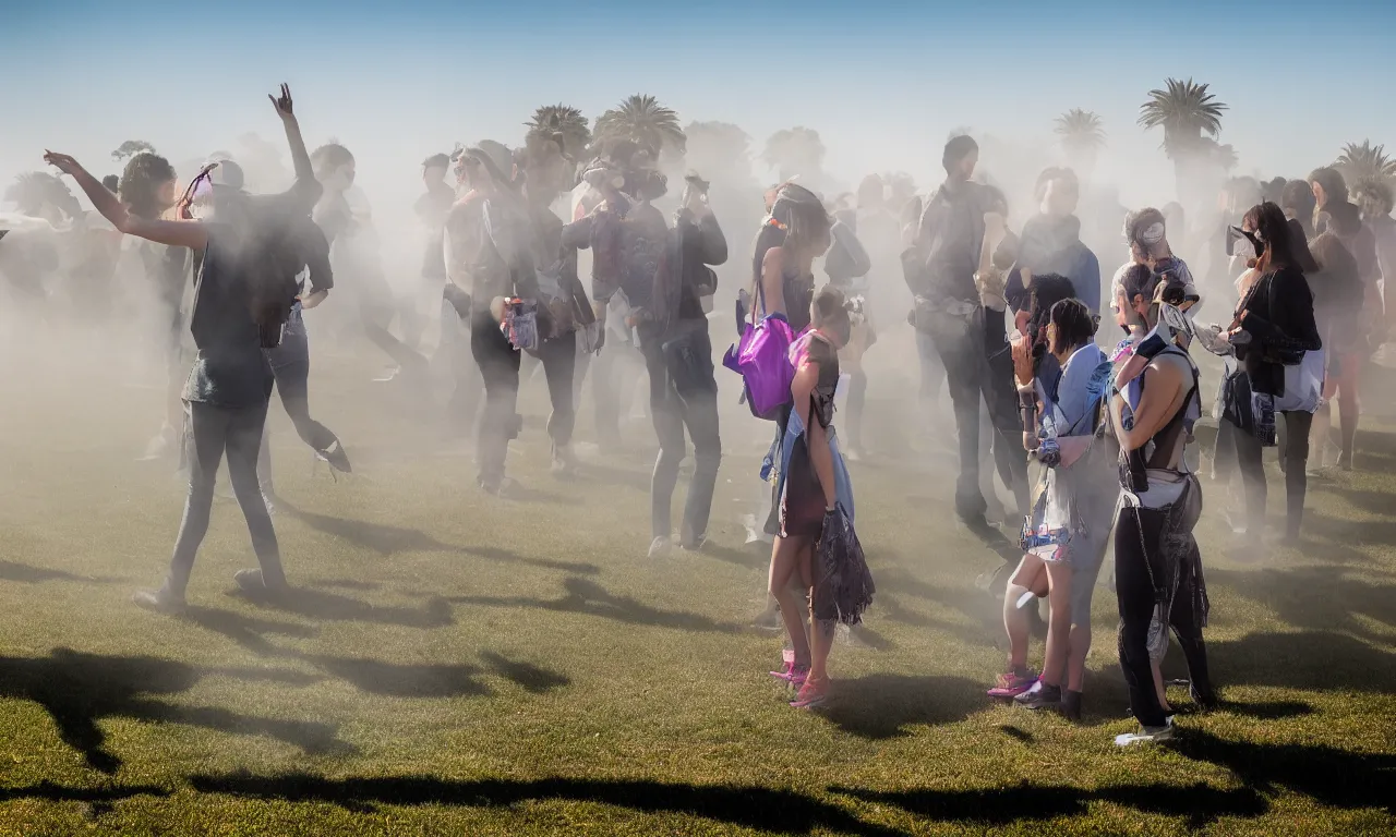 Prompt: 8K 140mm f/2.3 wide photograph of diverse friends conversing at Dolores Park assembling floating AR diagrams of pages of text, wearing fancy AR clothing with physics particle effects, people wearing non humanoid avatar costumes in the virtual world, dappled in golden hour light, emerging from the fog