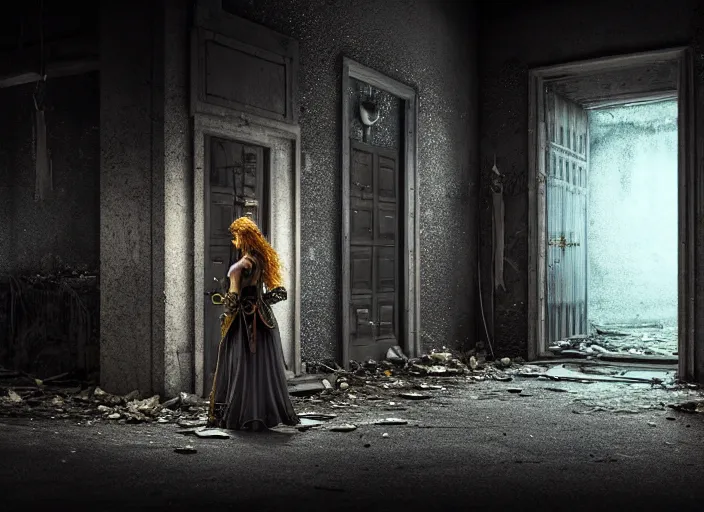 Image similar to streets of an abandoned gray city at night with a lone elven woman warrior sitting in the corner next to a closed door. Fantasy magic horror style. Highly detailed 8k. Intricate. Nikon d850 55mm. Award winning photography.