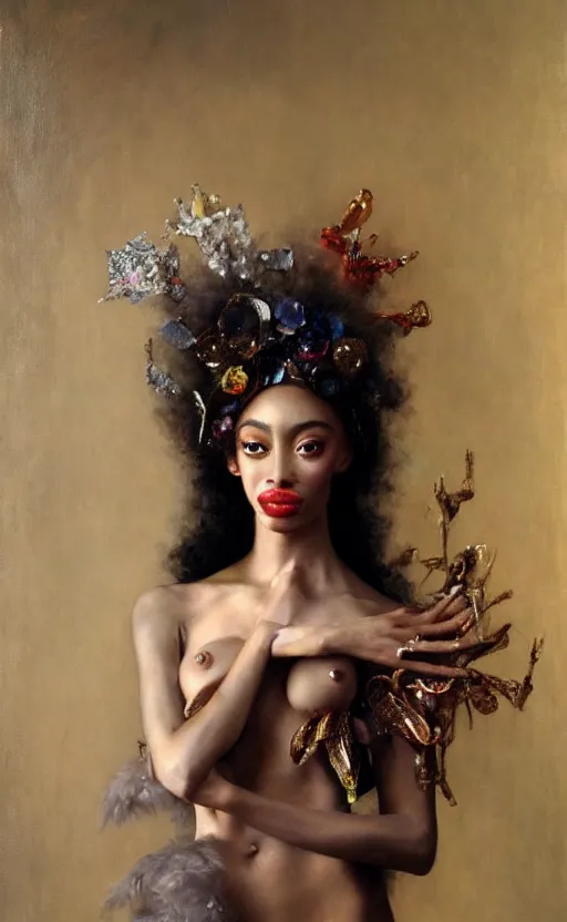 Prompt: a realistic oil painting of a beautiful young woman resembling winnie harlow, draped in crystals, by michael hussar, by bouguereau, intricate, colorful