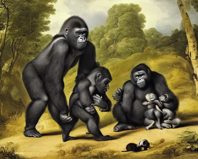 Prompt: gorilla family by pieter claesz