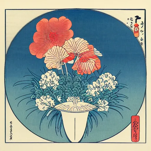 Image similar to bouquet of flowers, centered, symmetrical, ukiyo-e style, Hokusai, Hiroshige