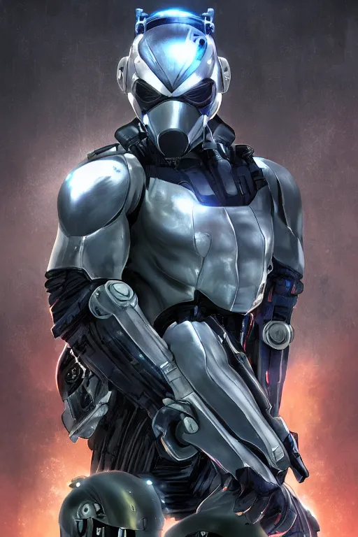 Image similar to cyber cyborg ninja mask helmet metal gear solid artic suit swat commando, global illumination ray tracing hdr fanart arstation by sung choi and eric pfeiffer and gabriel garza and casper konefal, a spectacular view cinematic rays of sunlight comic book illustration, by john kirby