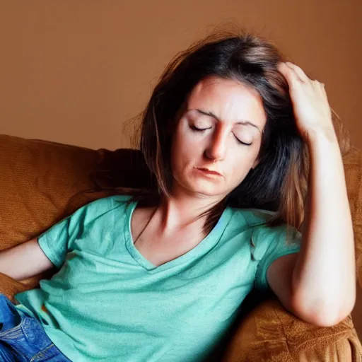 Image similar to a sad woman with brown hair in a green t - shirt wearing blue denim shorts sitting on a brown sofa. she has given up on her fantasy football team