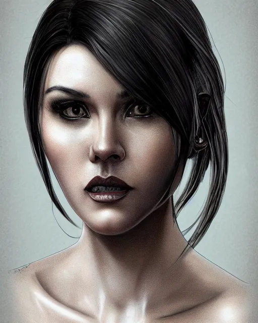 Image similar to portrait of a tall 4 0 - year - old woman with thin lips, heavy - lidded eyes, a strong jaw and long, thick shining black hair, thick eyebrows and long eyelashes, wearing in black clothes, hyper realistic face, beautiful eyes, character art, art by mark brooks, hyperdetailed, cryengine, trending on artstation, digital art