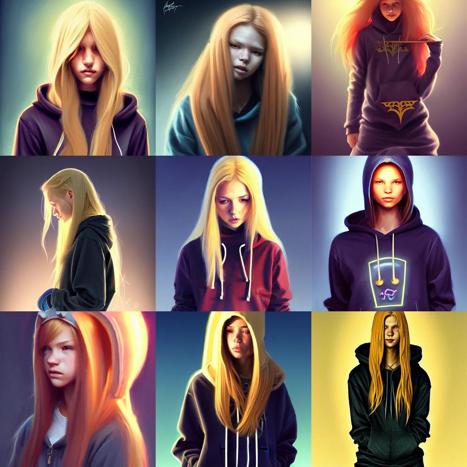 Prompt: skater girl in baggy hoodie, long blonde hair, trident metal crown, dark background, backlight shining through hair, low light underlit, highly detailed, smooth concept art, airbrush, by artgerm greg rutkowski artstation