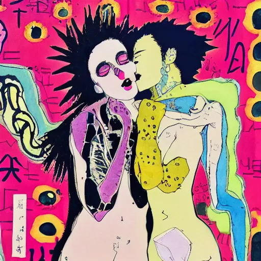 Prompt: watercolor painting of two psychedelic goth women kissing and embracing in an japan in winter, speculative evolution, mixed media collage by basquiat and hirohiko araki, maximalist magazine collage art, sapphic art, inspired by jojo's bizarre adventure, key visual