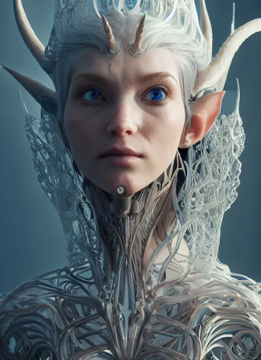 Image similar to beautiful biomechanical impish elven incredible hair, masterpiece crystalline incrustations, hyperdetailed face, elegant pose, movie still, intricate, octane render, cinematic lighting, cgsociety, unreal engine,