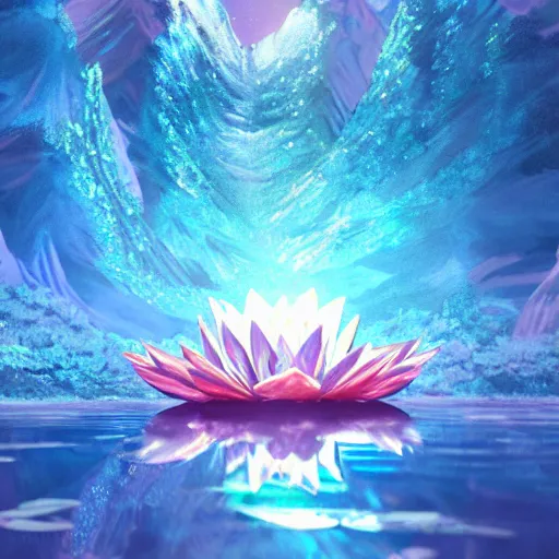 Prompt: a comic book style crystal lotus in an iridescent lake by yusuke murata and makoto shinkai, cel shaded, unreal engine, highly detailed, iridescent, artstation, pixiv, reflective, volumetric lighting, soft glow, vibrant