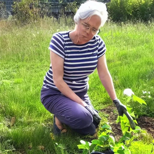 Image similar to a pixar character, a beautiful and mad canadian woman, on her knees, pulling weeds out frantically, some grey hair, stripey pants,