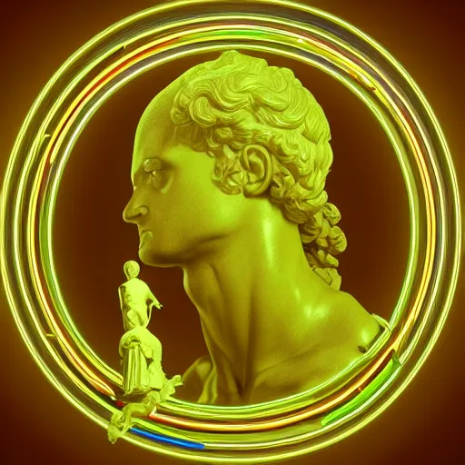 Image similar to a neon circle surrounding the head of a renaissance statue, 3 d render