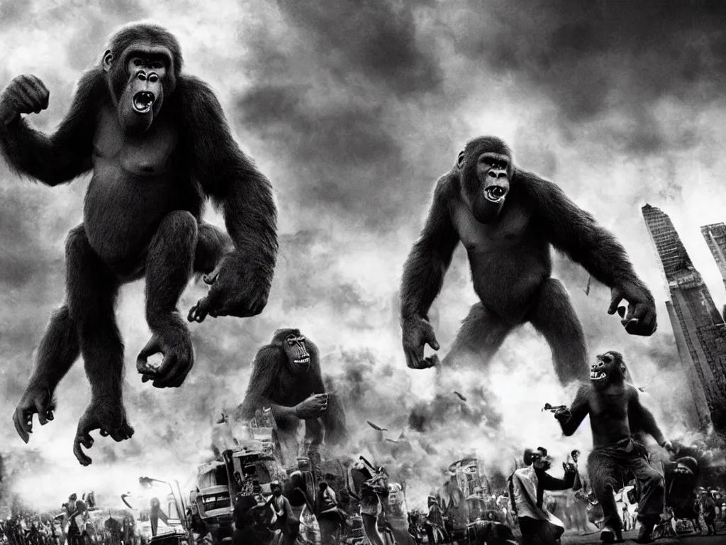 Image similar to An king Kong rage on street, Hollywood scene , cinematic , 2012, end of the world movie , full color