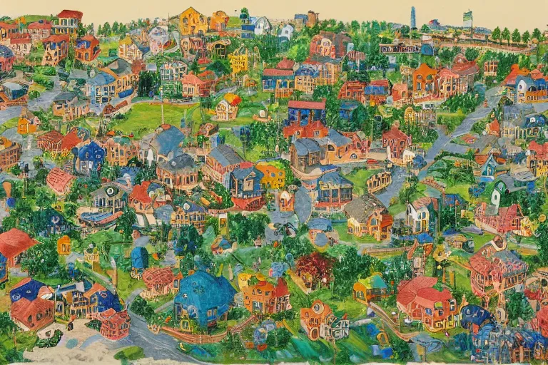 Image similar to an elaborate and dense painting of a peaceful neighborhood, detailed, made of alcohol ink on parchment and penned illustrations, by richard scarry and bosch