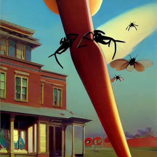 Prompt: Giant insects fly through the air, as a tornado approaches, by Takashi Murakami, Edward Hopper, Bo Bartlett, and Cynthia Sheppard, Artstation