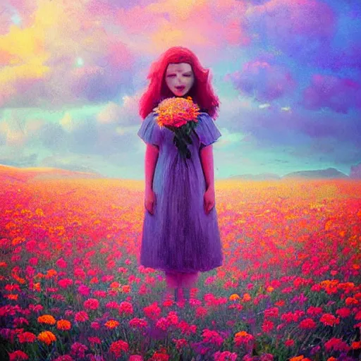 Image similar to girl with giant flower as a face, surreal photography, dream, dress made from the flower field she walks through, hills, big trees, sunrise dramatic light, impressionist painting, colorful clouds, digital painting, pointillism, artstation, simon stalenhag