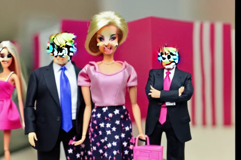 Prompt: still frame of trump in barbie, by Jaap Buitendijk