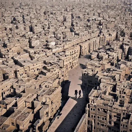 Prompt: birdeye view of boy walking in modern cairo