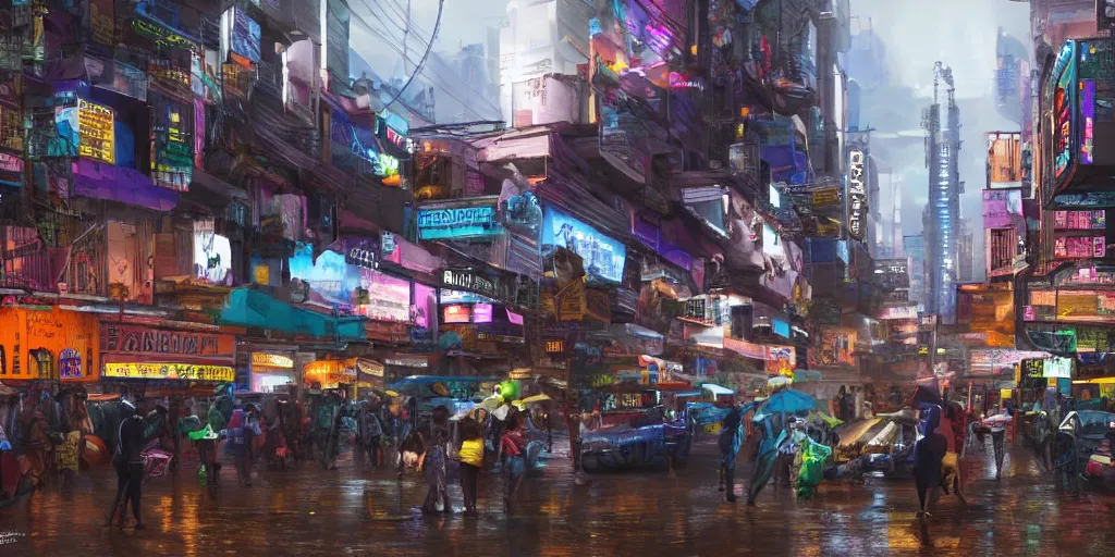 Image similar to a cinematic hyperrealistic African cyberpunk market during a rainy night
