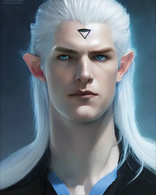 Image similar to character portrait of a slender young half elven man with white hair, piercing blue eyes, and pale blue skin, wearing sleek pearlescent black armor, by greg rutkowski and mark brookes and jim burns and tom bagshaw and magali villeneuve, trending on artstation