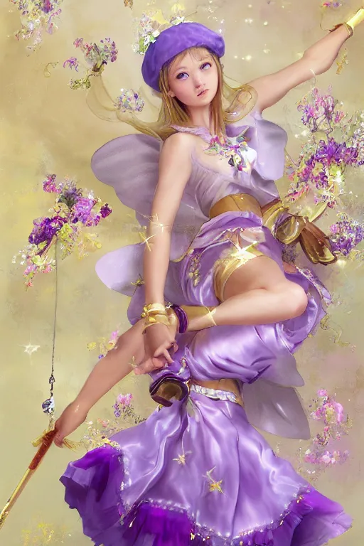 Prompt: Full View fairy maiden with short blond hair wearing an oversized purple Beret, Baggy Purple overall shorts, Short Puffy pants made of silk, silk shoes, a big billowy scarf, Golden Ribbon, and white leggings Covered in stars. covered in embroidery. Short Hair. peasant magic. Rhythmic gymnastics poses. masterpiece 4k digital illustration by Ruan Jia and Mandy Jurgens and Artgerm and william-adolphe bouguereau and greg rutkowski , award winning, Artstation, art nouveau aesthetic, Alphonse Mucha background, intricate details, realistic, panoramic view, Hyperdetailed, 8k resolution, intricate art nouveau