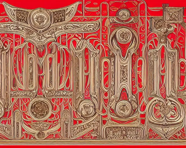 Image similar to symmetrical mural painting from the early 1 9 0 0 s in the style of art nouveau, red curtains, art nouveau design elements, art nouveau ornament, opera house architectural elements, mucha, masonic symbols, masonic lodge, joseph maria olbrich, simple, iconic, masonic art, masterpiece