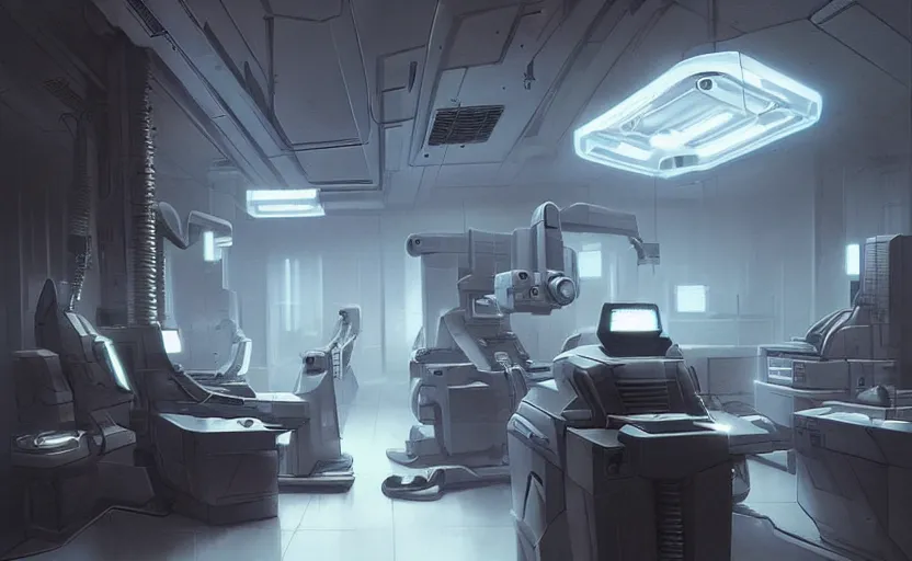 Prompt: zoom on a neon surgery scanning machine cyberpunk futuristic, in a white room, art by giger, greg rutkowski