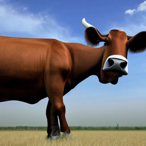 Image similar to a highly detailed ultra realistic photograph of a cow dressed in a male airplane pilot suit