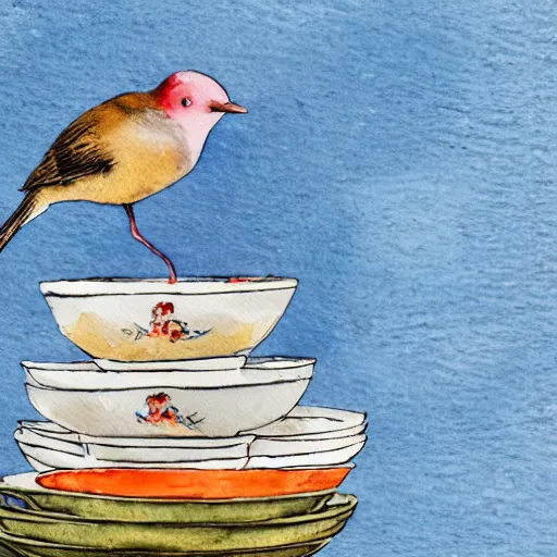 Prompt: a bird sitting on top of a stack of tea cups, a watercolor painting by annabel kidston, shutterstock contest winner, pop surrealism, whimsical, detailed painting, storybook illustration