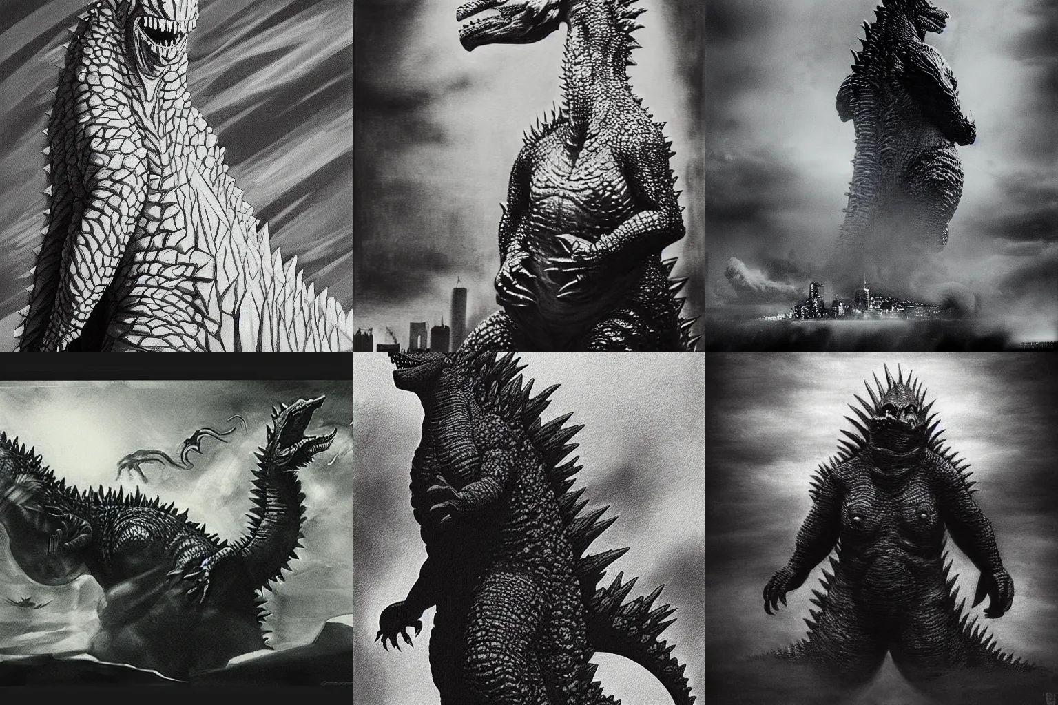 Prompt: Award winning image titled godzilla by Dora Maar expressionism, monochromatic, high contrast trending on artstation