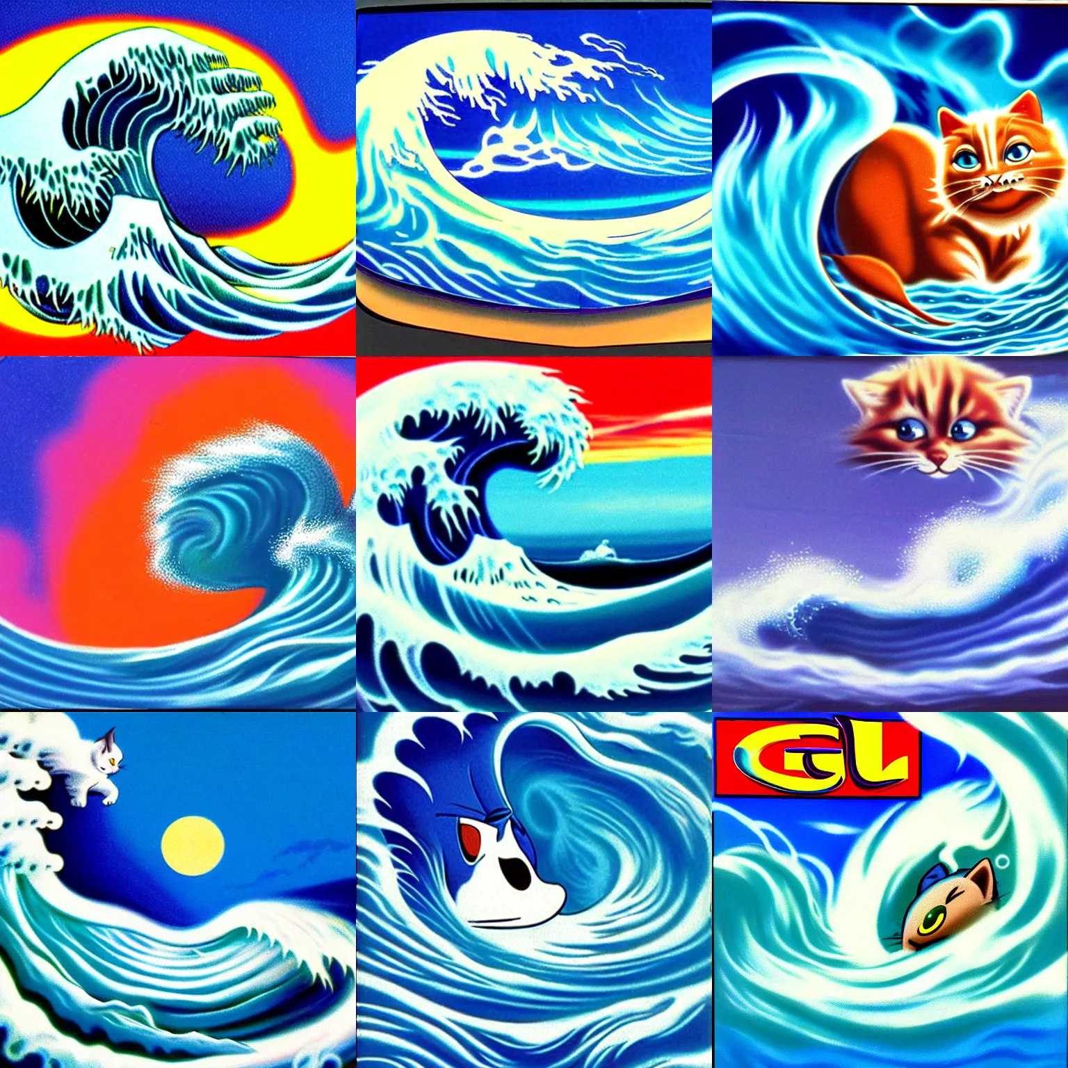 Prompt: surreal, professional, high quality airbrush art of a blue cresting ocean wave in the shape of a vintage animation cartoon cat, 1990s 1992 Sega Genesis box art