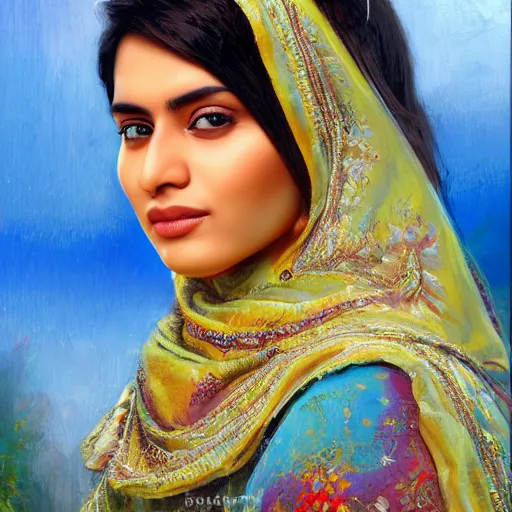 Image similar to portrait of a pakistani woman ( 3 5 ) from pakistan in 2 0 2 1, an oil painting by ross tran and thomas kincade