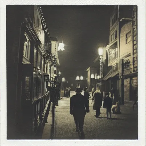 Prompt: a street level Polaroid of a steampunk victorian city street, with people walking on the streets, at night