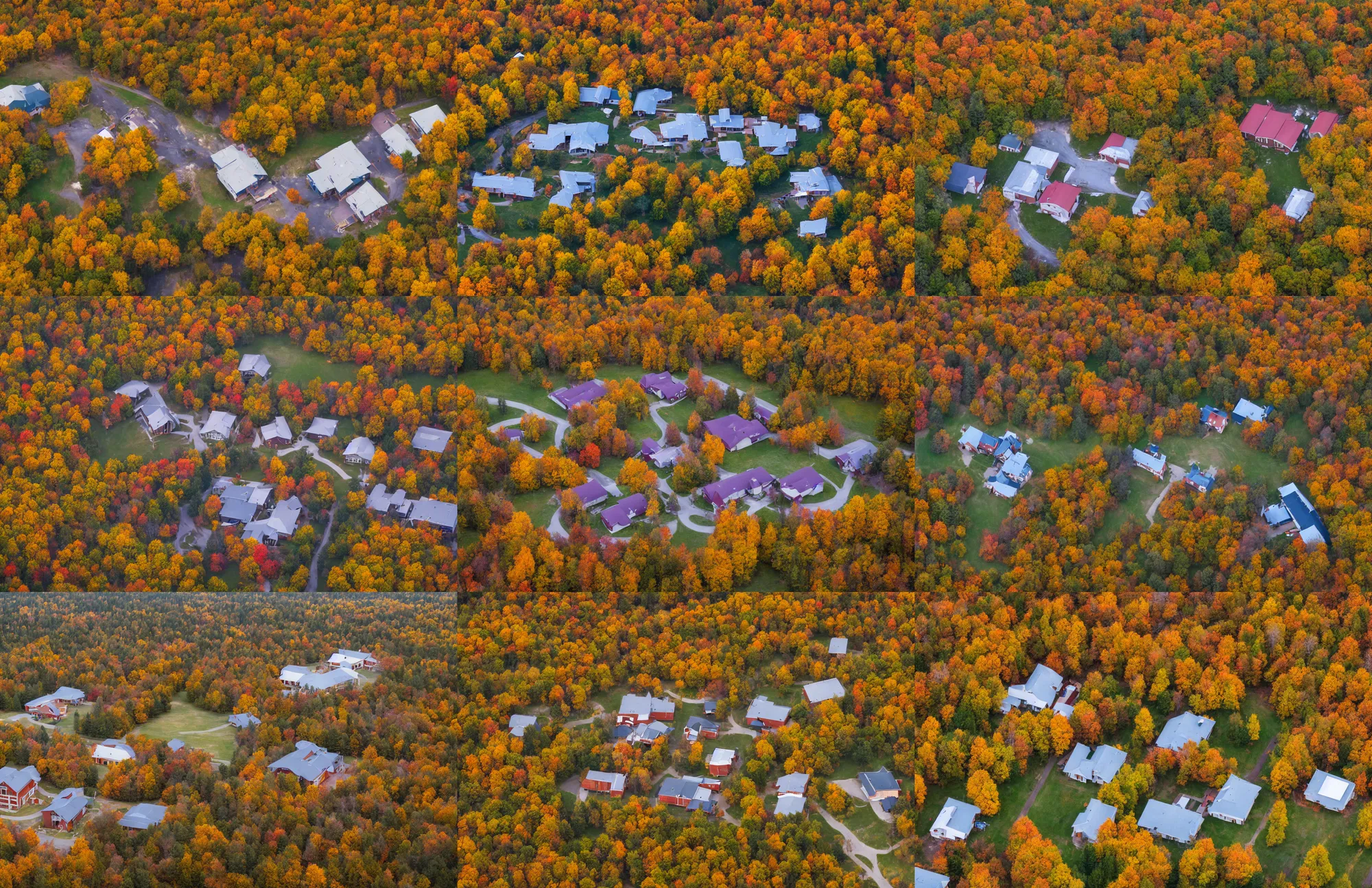 Prompt: low angle drone shot of a beautiful ranch style School campus and cabins in the middle of the Woods during autumn
