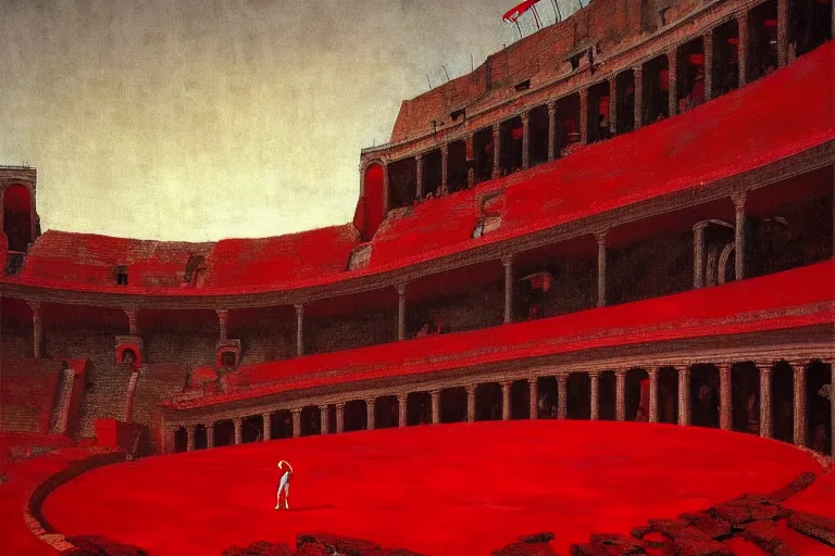 Image similar to only with red, a red gladiator in a crowded roman amphitheatre, crowd cheers him, in the style of beksinski, parts by edward hopper, parts by rodcenko, parts by yue minjun, intricate and epic composition, red by caravaggio, insane quality, highly detailed, masterpiece, red light, artstation