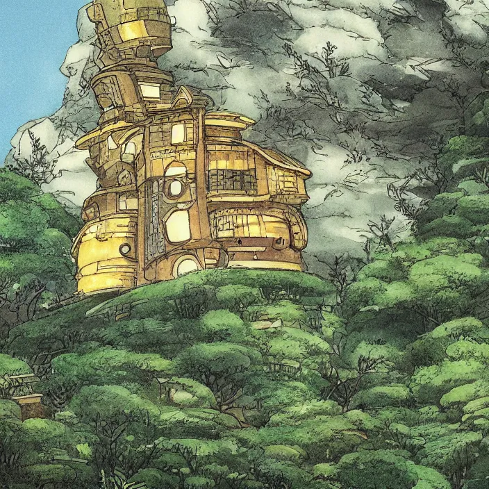 Prompt: a building in a landscape, by studio ghibli and chriss foss