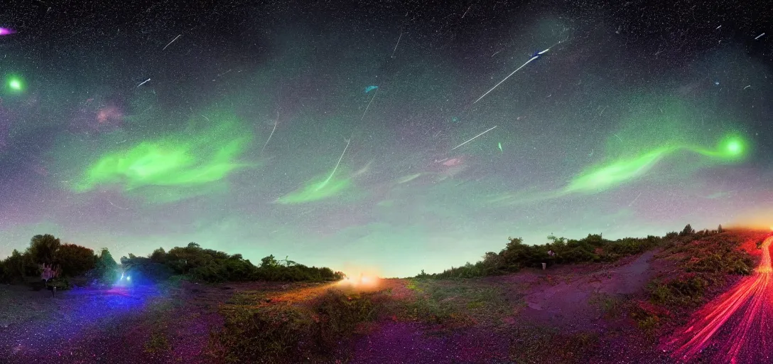 Image similar to A meteor shower illuminating a dark night sky, UFOs are flying around in the atmosphere, highly detailed, digital photo, HDRI, by christopher bretz and kael ngu, vivid colors, high contrast, 8k resolution, intricate, photorealistic, smooth, psychedelic color scheme,