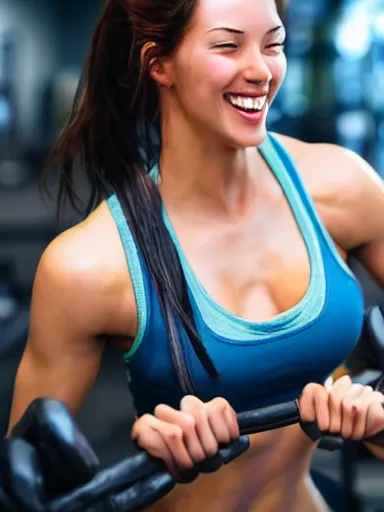 Image similar to a beautiful happy woman working out at the gym. smiling popular girl. intricate, elegant, highly detailed, digital painting, artstation, cinematic shot, concept art, sharp focus, illustration, by justin gerard and artgerm, 8 k