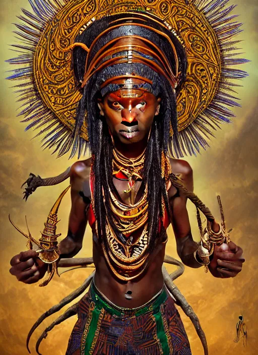 Image similar to : african shamen fantasy, fantasy magic, , intricate, sharp focus, illustration, highly detailed, digital painting, concept art, matte, jahbu art and Paul lewin and kehinde wiley, masterpiece