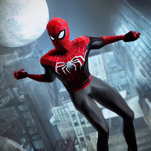 Image similar to black spider - man suit with white web lining, cinematic, volumetric lighting, realistic, hyperdetailed, photorealistic, photograph