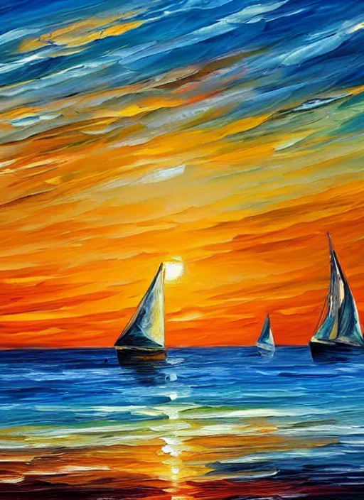 Prompt: beautiful seaside greek sunset with sailboats in the style of leonid afremov