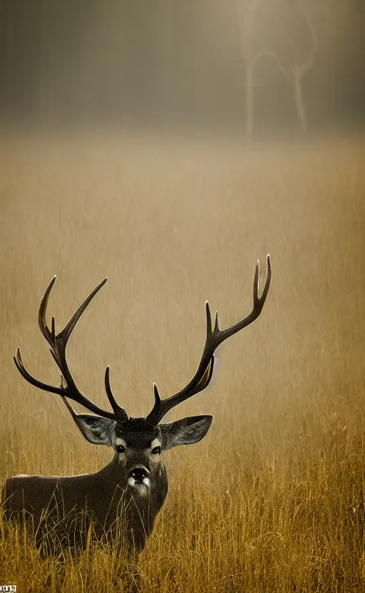 Prompt: a portrait of a mighty and wise deer king with antlers looking straight in the camera, there is tall grass, dark forest in the background, phenomenal photography, ambient light, sunrays from the left, fog, 8 5 mm f 1. 8, composition by robert capa