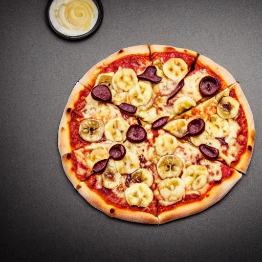 Prompt: a photo of a pizza made of metal, pizza with gears, food photo, professional food photo, iphone, whole banana, 4 k