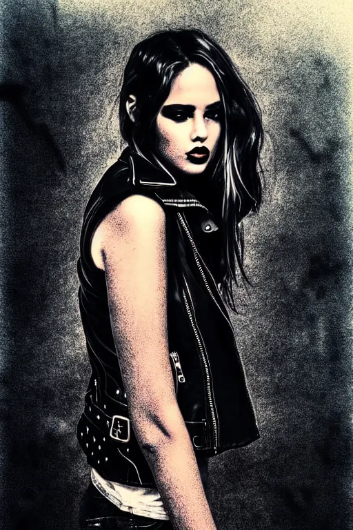 Image similar to dreamy rock girl, black leather jacket, detailed acrylic, grunge, perfect lighting. professional design. great composition, illustration