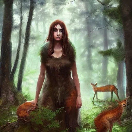 Image similar to a female woodland druid surrounded by forest animals, in the woods, hyper realistic, digital painting, photorealistic, in the style of greg rutkowski, detailed