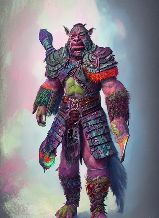 Image similar to detailed full body concept art illustration colorful pastel painting of a Disney warrior orc in full intricate clothing, ultra detailed, digital art, octane render, 4K, dystopian, micro details