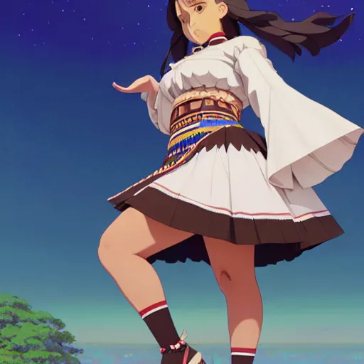 Image similar to a beautiful plus sized natalie portman model, brown skin, wearing catholic school girl outfit with mayan pattern and native style, jrpg aztec street fashion, gapmoe yandere grimdark, trending on pixiv fanbox, painted by greg rutkowski makoto shinkai takashi takeuchi studio ghibli, akihiko yoshida