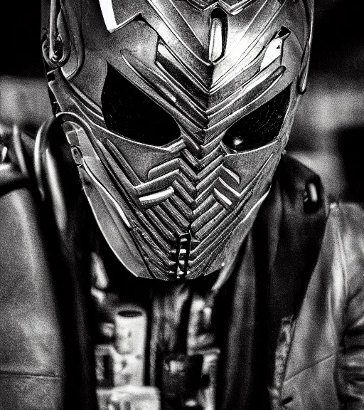 Prompt: showa kamenrider wearing partial broken mask only in pain and anger deep dark backlit night technoir cinematic monochromatic portrait photo by Leica Zeiss in detailed depth of field lens flare trending on Flickr realistic hd by frank Miller