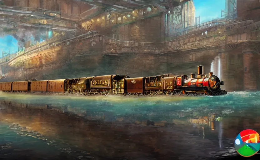 Image similar to A steam locomotive rides inside of a waterway on a fantasy city. Fantasy and concept art, colorful digital painting, unreal engine.