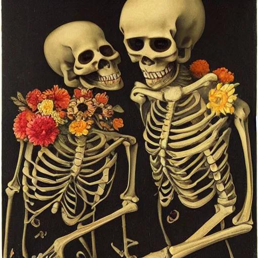 Prompt: two skeletons next to each other, flowers in the eye sockets, holding dark flowers, butterflies and worms, day of the dead, Dutch masters, still life, classic art