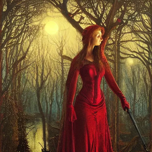 Prompt: the scarlet witch awaits her pursuers, victorian hunters, night time, deep forest, highly detailed, focus, mist nizovtsev, victor